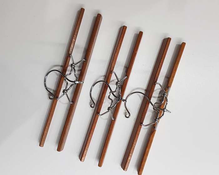 Vintage Wooden Trouser Clamps/Hangers. Set of 3x Wooden trouser/skirt hangers