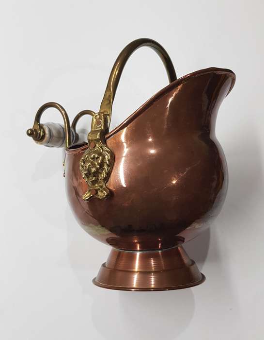 Antique Small ornamental Copper Dutch Helmet Coal Scuttle with Delft Blue Porcelain Handle