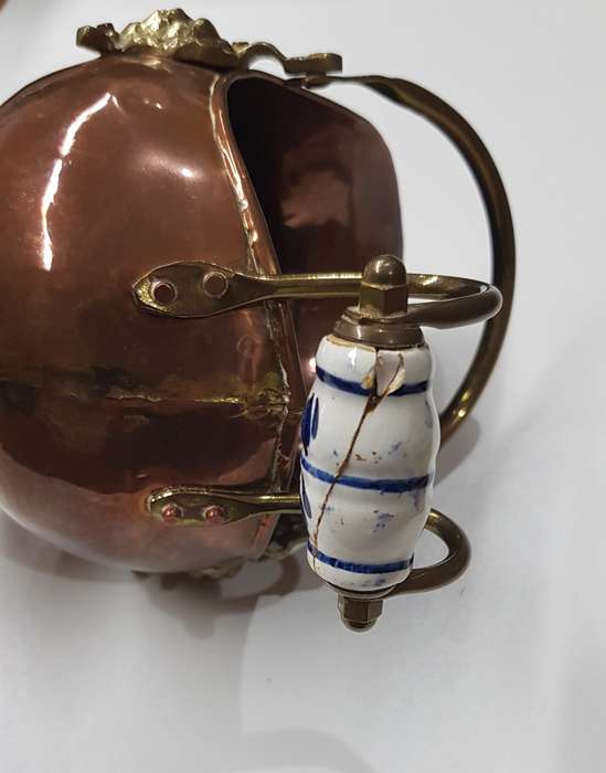 Antique Small ornamental Copper Dutch Helmet Coal Scuttle with Delft Blue Porcelain Handle