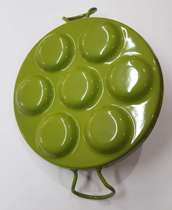 Vintage Enamel Dutch Poffertjes pancake pan.  A 1970s Bright Green Retro