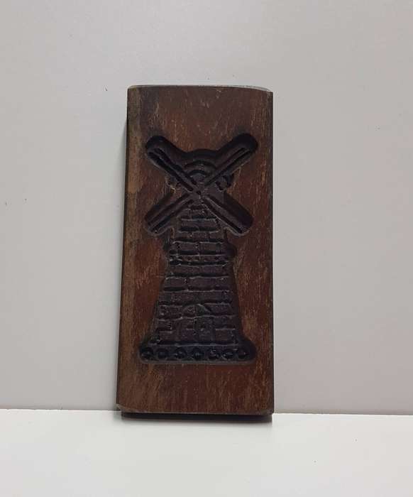 Vintage Dutch wooden cookie mould for speculaas. Small board with a traditional windmill design.
