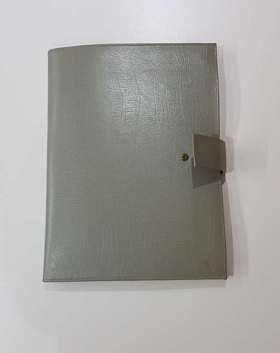 Vintage 1970s Grey Busby Leather split folder with loop for pen and closing flap. Marked Busby Genu