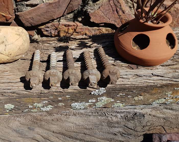 Vintage Railway Sleeper Bolts  Set of x 5 1975 SAS A & B Sleeper bolts. Marked SAS