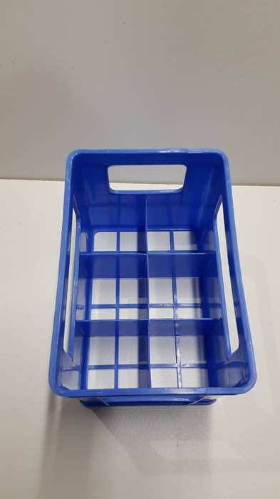Baby feeding bottle miniature plastic crate. Blue plastic with divisions for 6x baby drinking bottle