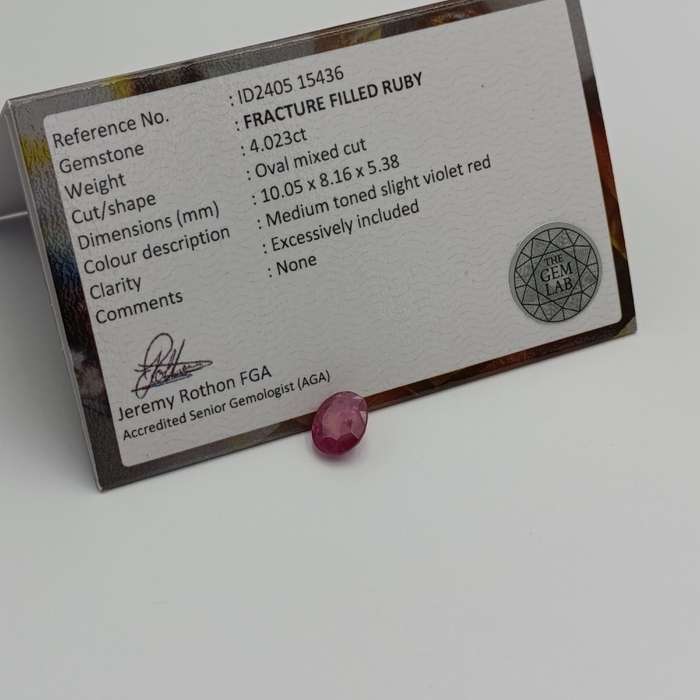 Fracture filled Ruby slight violet red Oval mixed cut 4.02 carat with Gemlab certificate