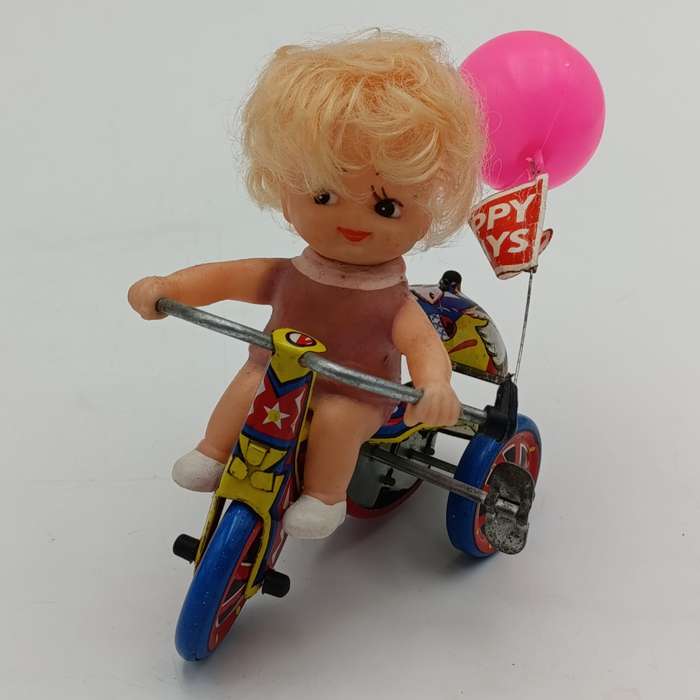 Vintage Tinplate Mechanical Girls tricycle toy in box - working
