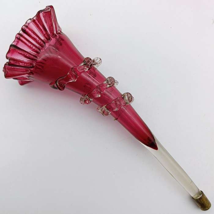 Antique Victorian Cranberry glass epergne - circa 1880 - small decoration leaf piece missing