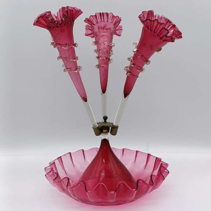 Antique Victorian Cranberry glass epergne - circa 1880 - small decoration leaf piece missing