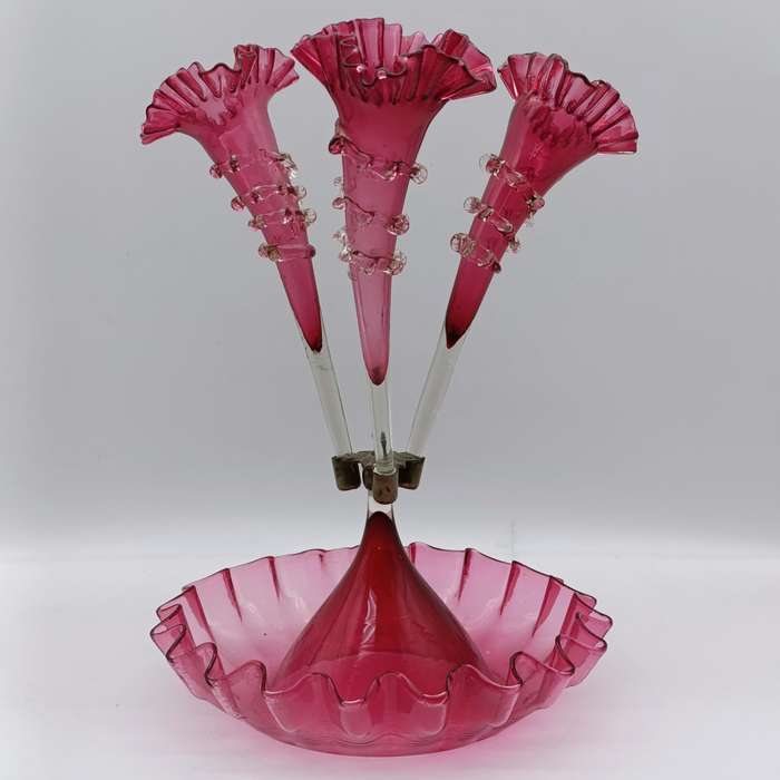 Antique Victorian Cranberry glass epergne - circa 1880 - small decoration leaf piece missing