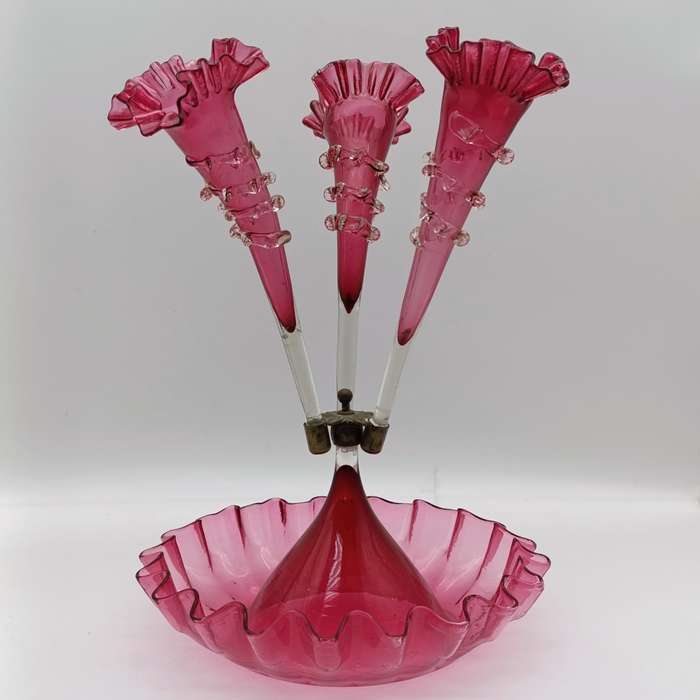 Antique Victorian Cranberry glass epergne - circa 1880 - small decoration leaf piece missing