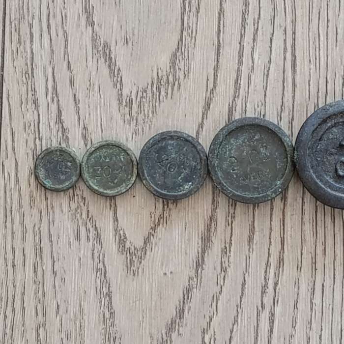 Full set of 10 Antique Scale weights - 1/4oz to 5 pounds - brass and cast iron