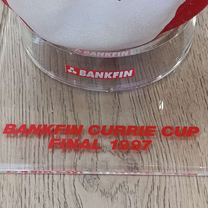 Bankfin Currie Cup Final 1997 Gilbert Rugby ball with stand - won at the game for guessing the score