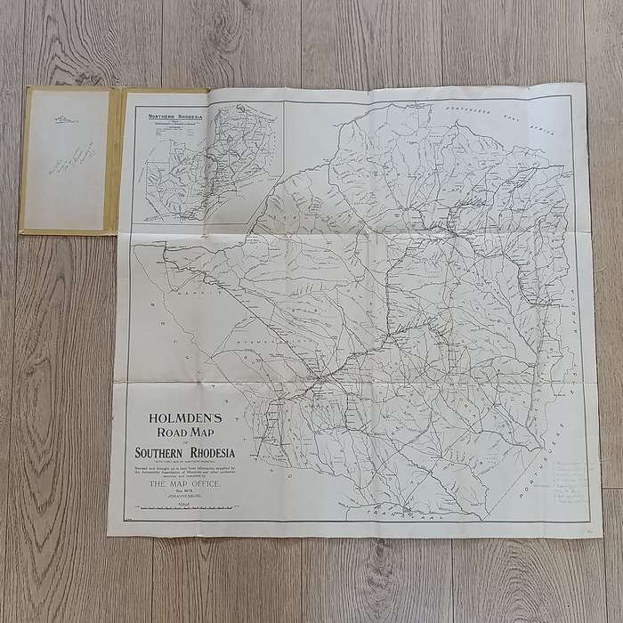 Vintage Holmes Road map of Rhodesia - Southern Rhodesia with insert of Northern Rhodesia