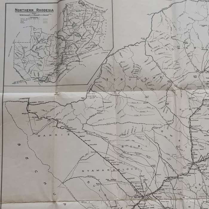 Vintage Holmes Road map of Rhodesia - Southern Rhodesia with insert of Northern Rhodesia