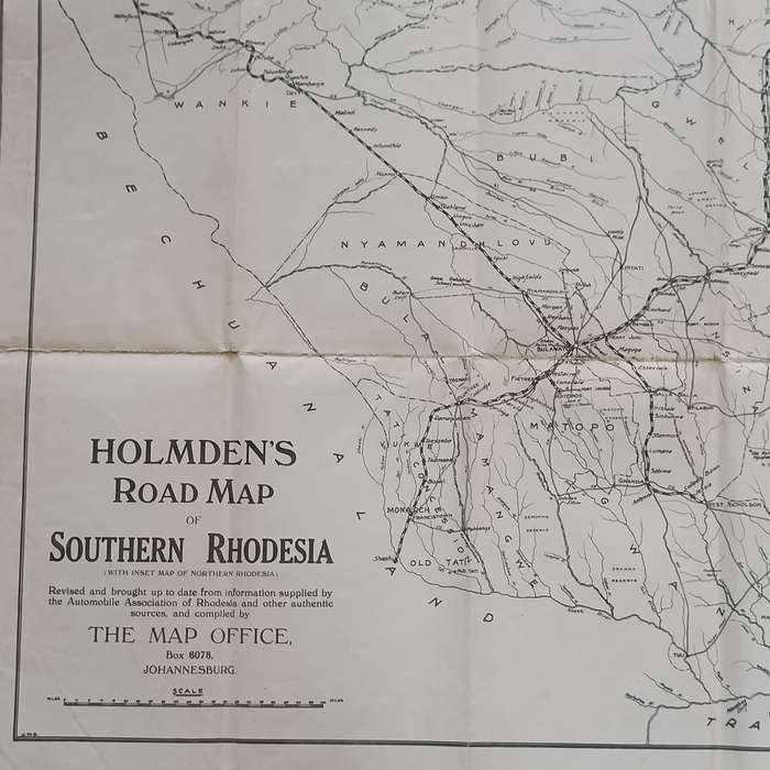 Vintage Holmes Road map of Rhodesia - Southern Rhodesia with insert of Northern Rhodesia