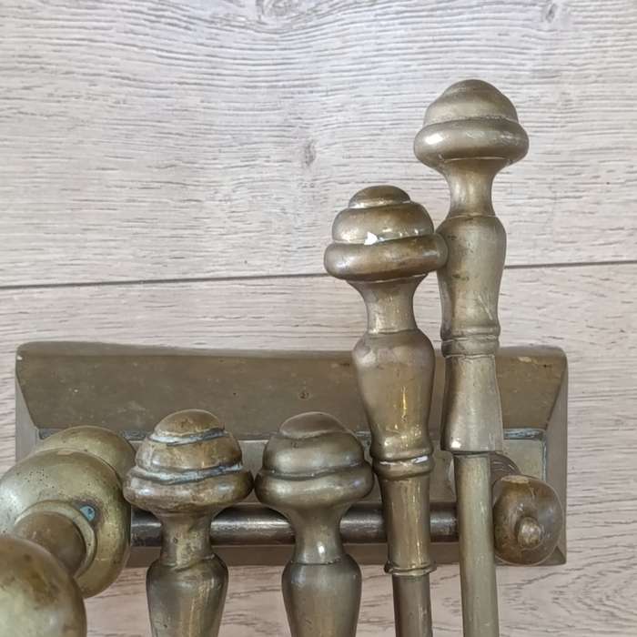 Set of vintage brass fire dogs with fire tools - 6 pieces