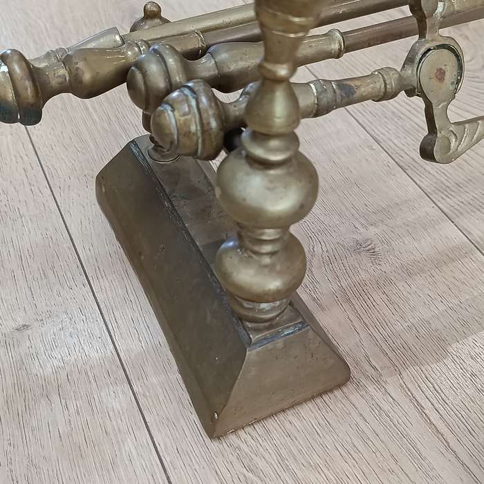 Set of vintage brass fire dogs with fire tools - 6 pieces