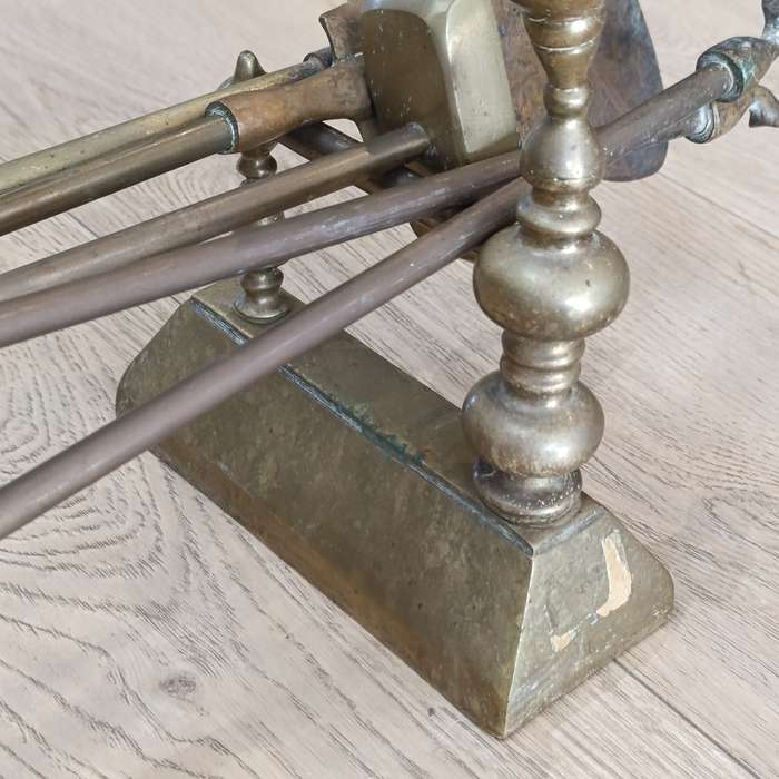 Set of vintage brass fire dogs with fire tools - 6 pieces