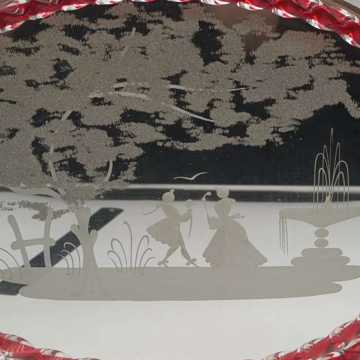Vintage glass mirror tray with twisted Murano glass edge and brass handles