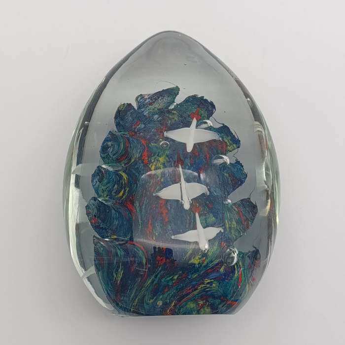 Vintage glass Paper weight with Colourful ocean and flying ducks