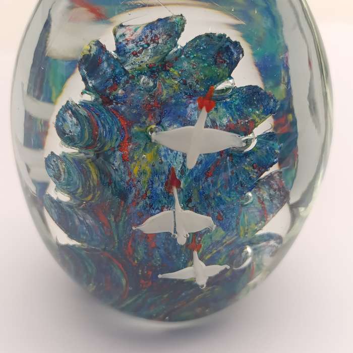 Vintage glass Paper weight with Colourful ocean and flying ducks
