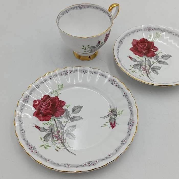 Vintage Royal Stafford "Roses to Remember" pattern porcelain trio