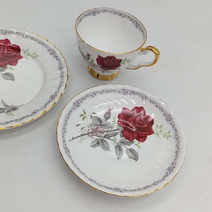 Vintage Royal Stafford "Roses to Remember" pattern porcelain trio