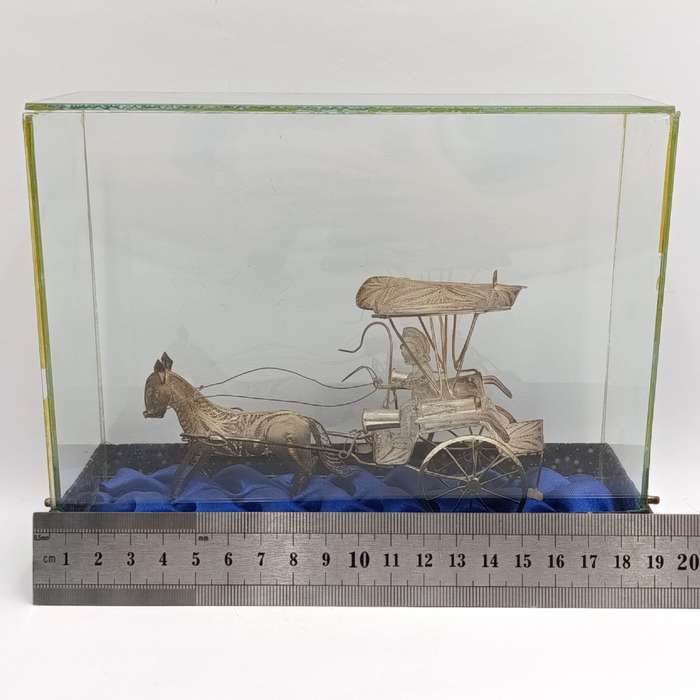 Antique Chinese Silver Filigree horse cart figurine in glass case