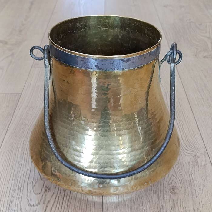 Antique hammered brass cauldron / pot with cast iron handle