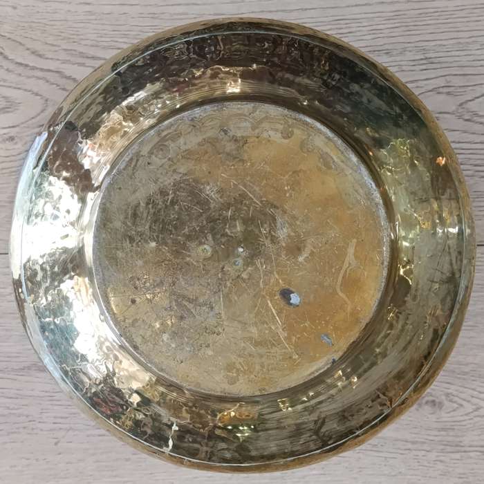 Antique hammered brass cauldron / pot with cast iron handle