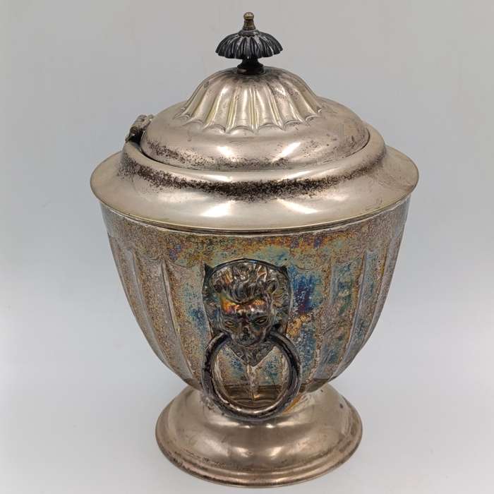 Vintage silverplated jar with lid and lion handles