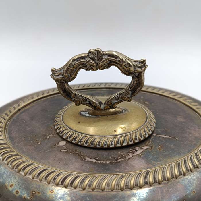 Antique silverplated oval serving dish with removable handle on lid