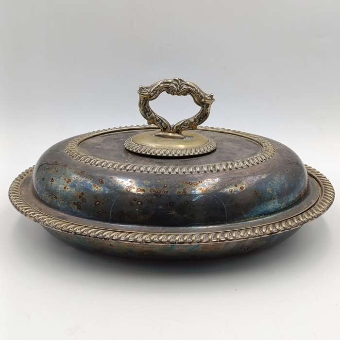Antique silverplated oval serving dish with removable handle on lid