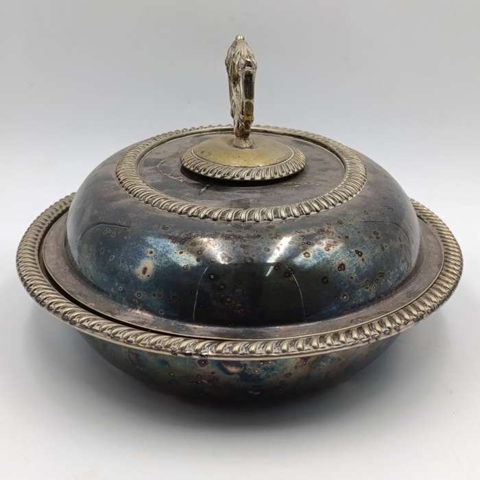 Antique silverplated oval serving dish with removable handle on lid