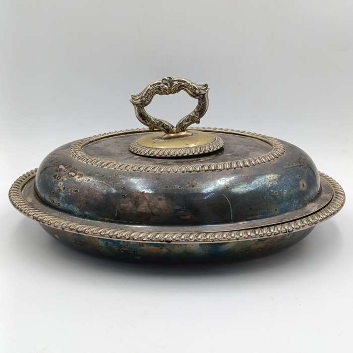 Antique silverplated oval serving dish with removable handle on lid