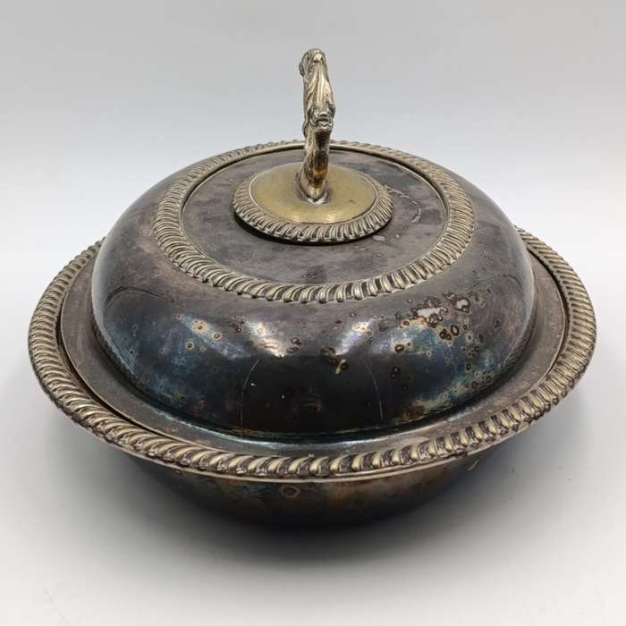 Antique silverplated oval serving dish with removable handle on lid
