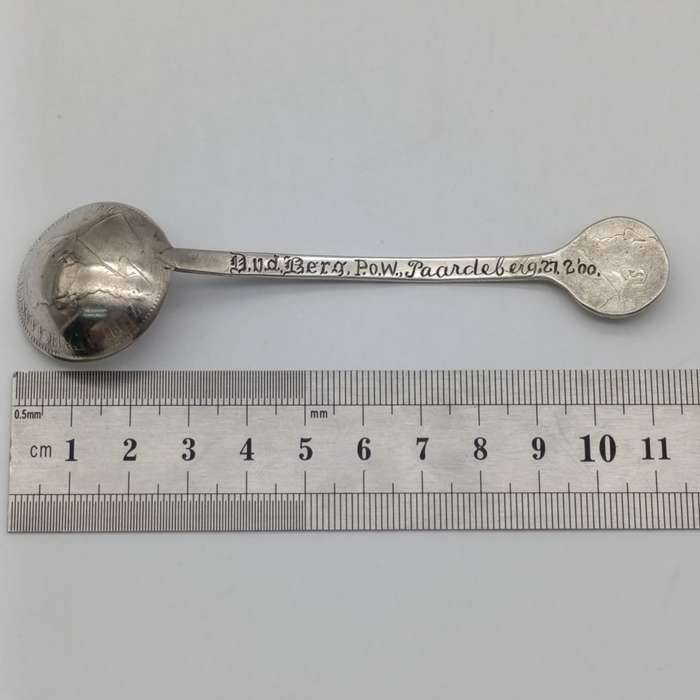 Boer War Pow prisoner of war trench art silver coin spoon by D. vd Berg P.O.W Paardeberg