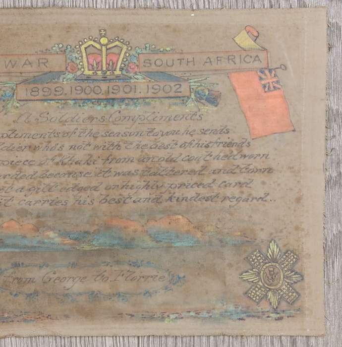 Boer War Soldiers khaki cloth greetings message - Scots Guard - From George to Florrie