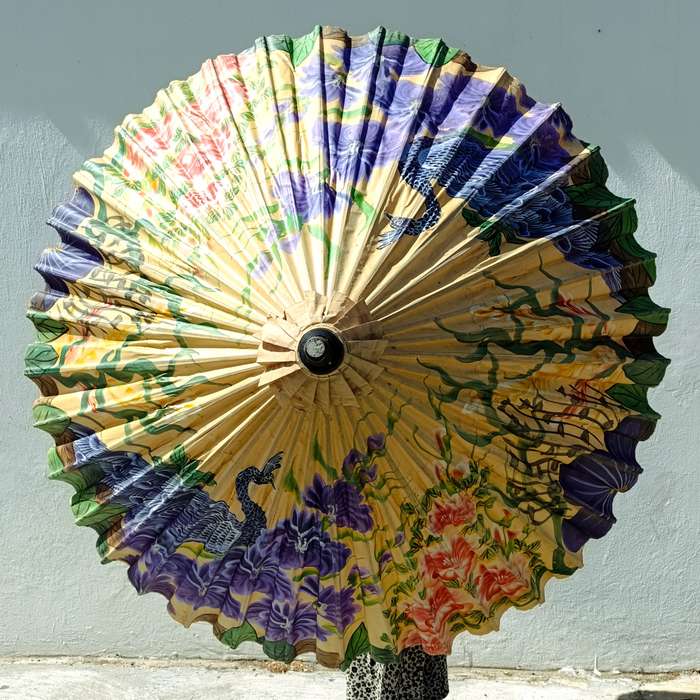 Vintage large handpainted Bamboo and cloth parasol