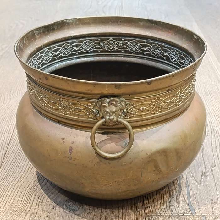 Antique English brass planter with Lion's Head handles