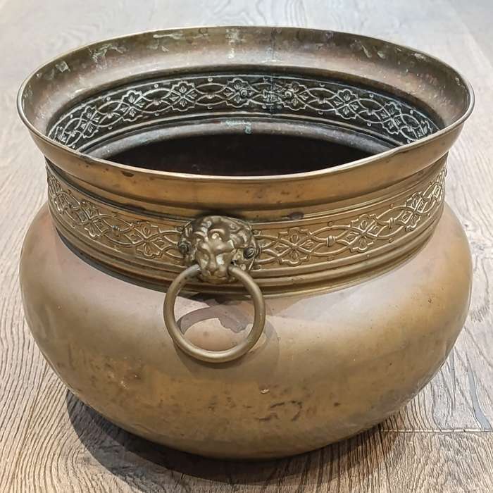 Antique English brass planter with Lion's Head handles