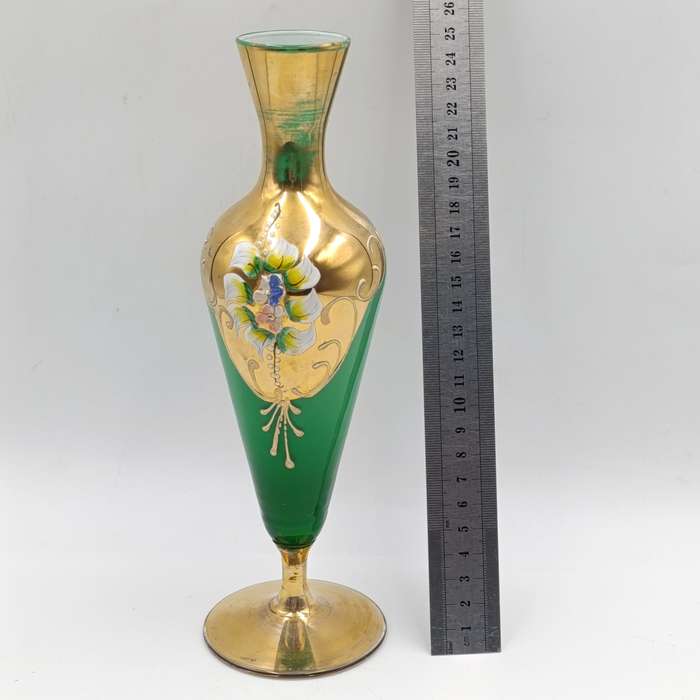 Vintage handpainted Venetian green art glass flower vase