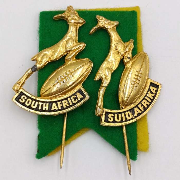 Vintage Springbok Rugby pin brooches - in English and Afrikaans