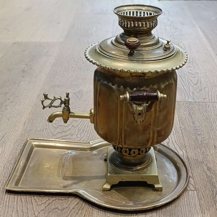 Vintage brass Russian Samovar with teapot, drip ray and bowl