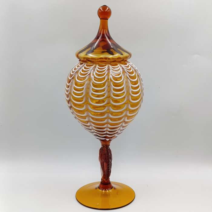Vintage Italian Cameo Murano glass draped amber vase compote with lid - origin empoli