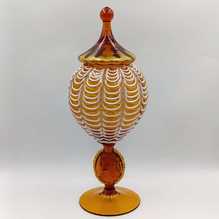 Vintage Italian Cameo Murano glass draped amber vase compote with lid - origin empoli