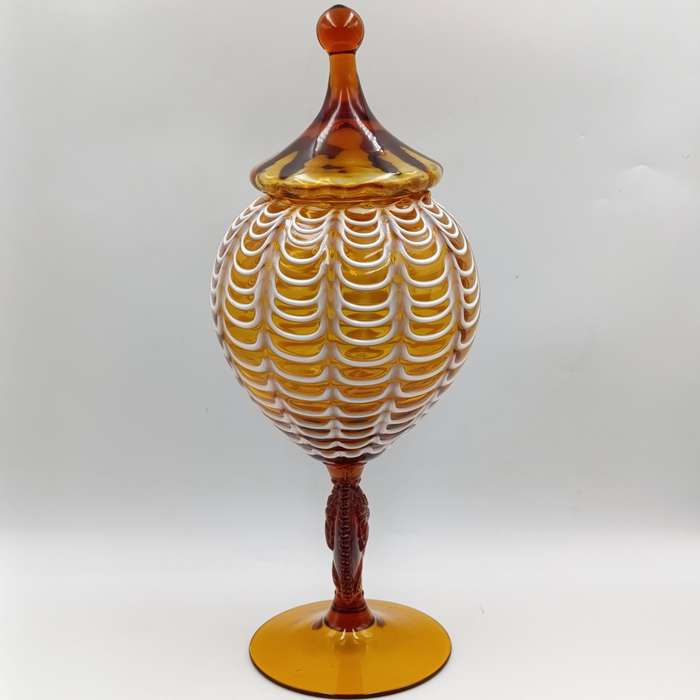 Vintage Italian Cameo Murano glass draped amber vase compote with lid - origin empoli