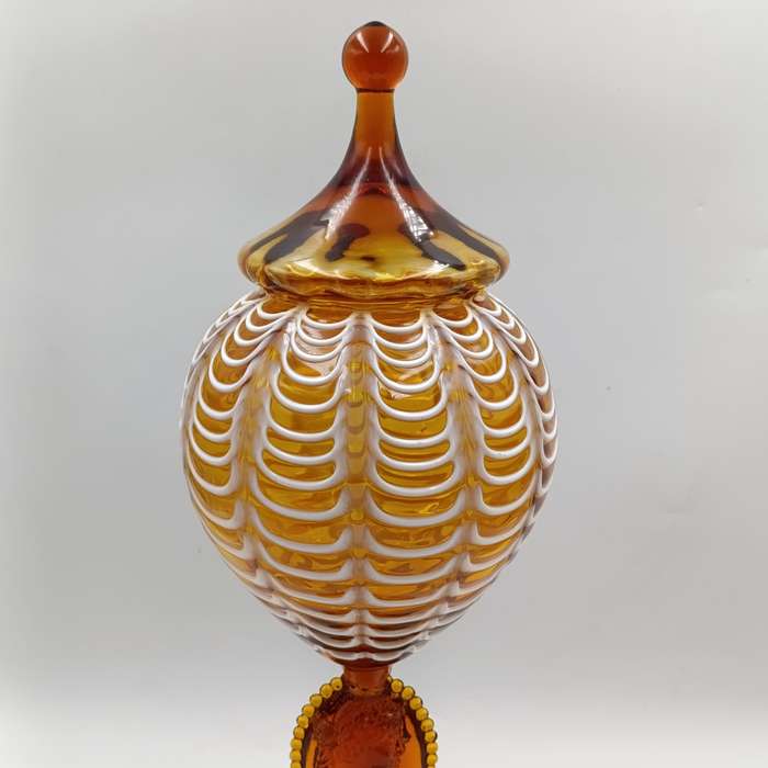 Vintage Italian Cameo Murano glass draped amber vase compote with lid - origin empoli
