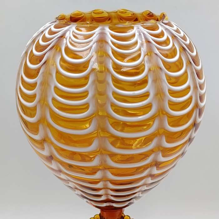 Vintage Italian Cameo Murano glass draped amber vase compote with lid - origin empoli