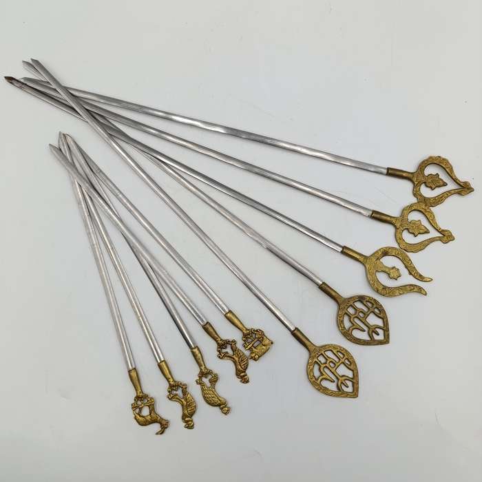 Lot of 10 vintage Turkish skewer sticks with brass tops